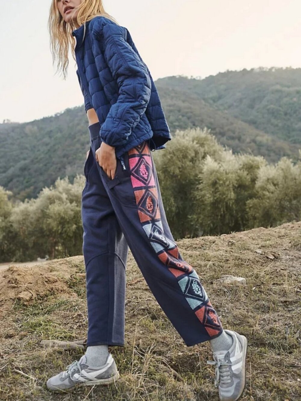 Free People Movement Team Spirit Embroidered Sweatpants Blue Pants L